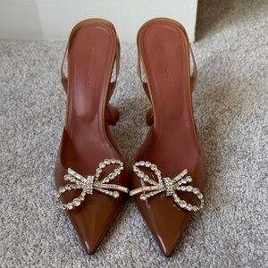 Amina Muaddi light brown heels with jeweled bow, size 38